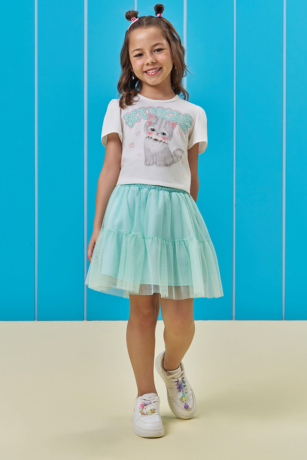 Conjunto de blusa em mela malha e saia em tule com elastano com shorts embutido 93633 Kukiê Infantil Menina Conjunto de blusa em mela malha e saia em tule com elastano com shorts embutido 93633 Kukiê Infantil Menina