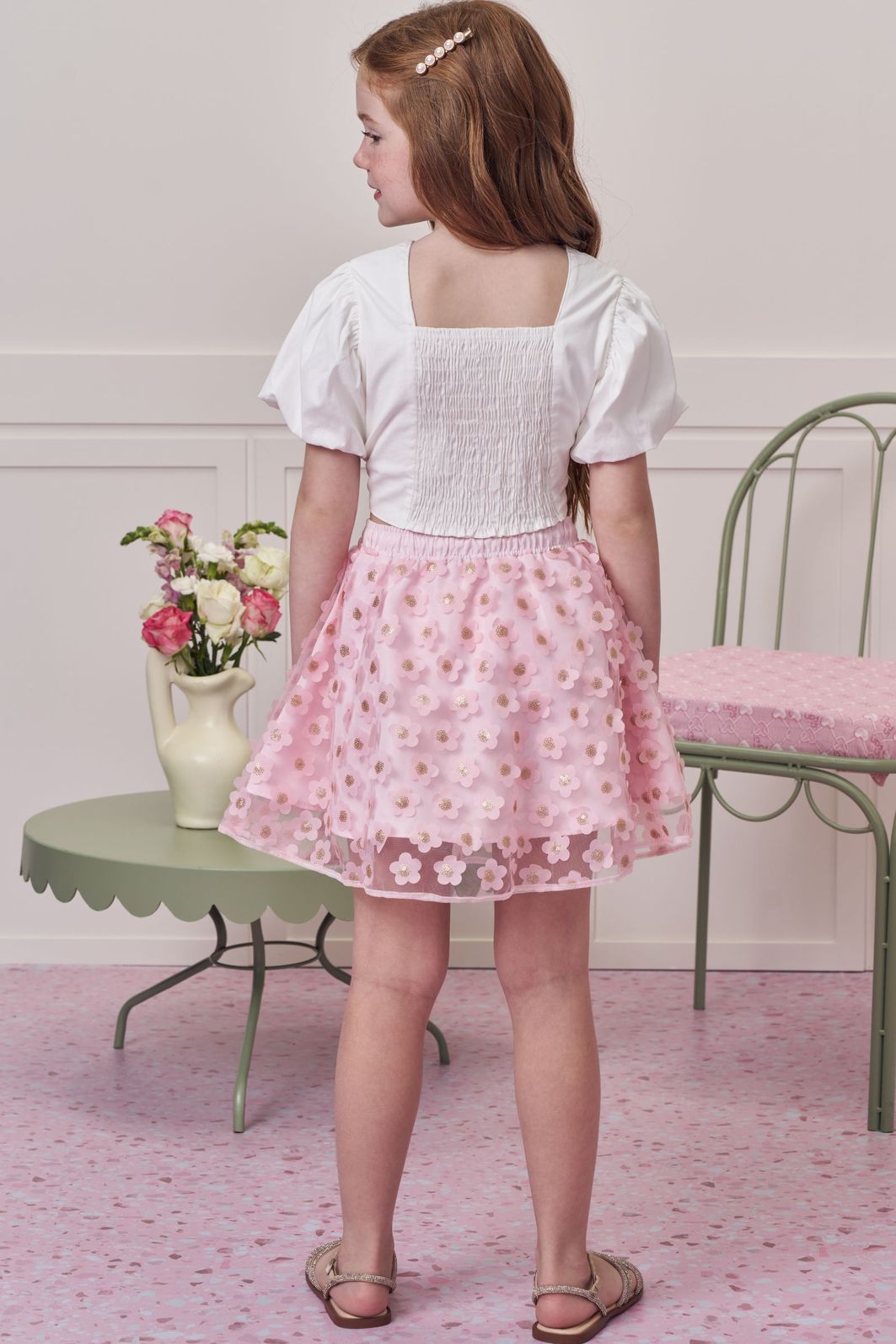 Conjunto de blusa em tricoline e saia em tule bordado flower. Com shorts embutido 99080 Infanti Infantil Menina