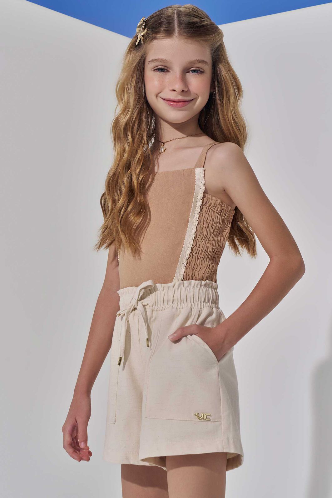 Conjunto de regata em viscose e shorts em linho com elastano 98916 Vic Teen Menina