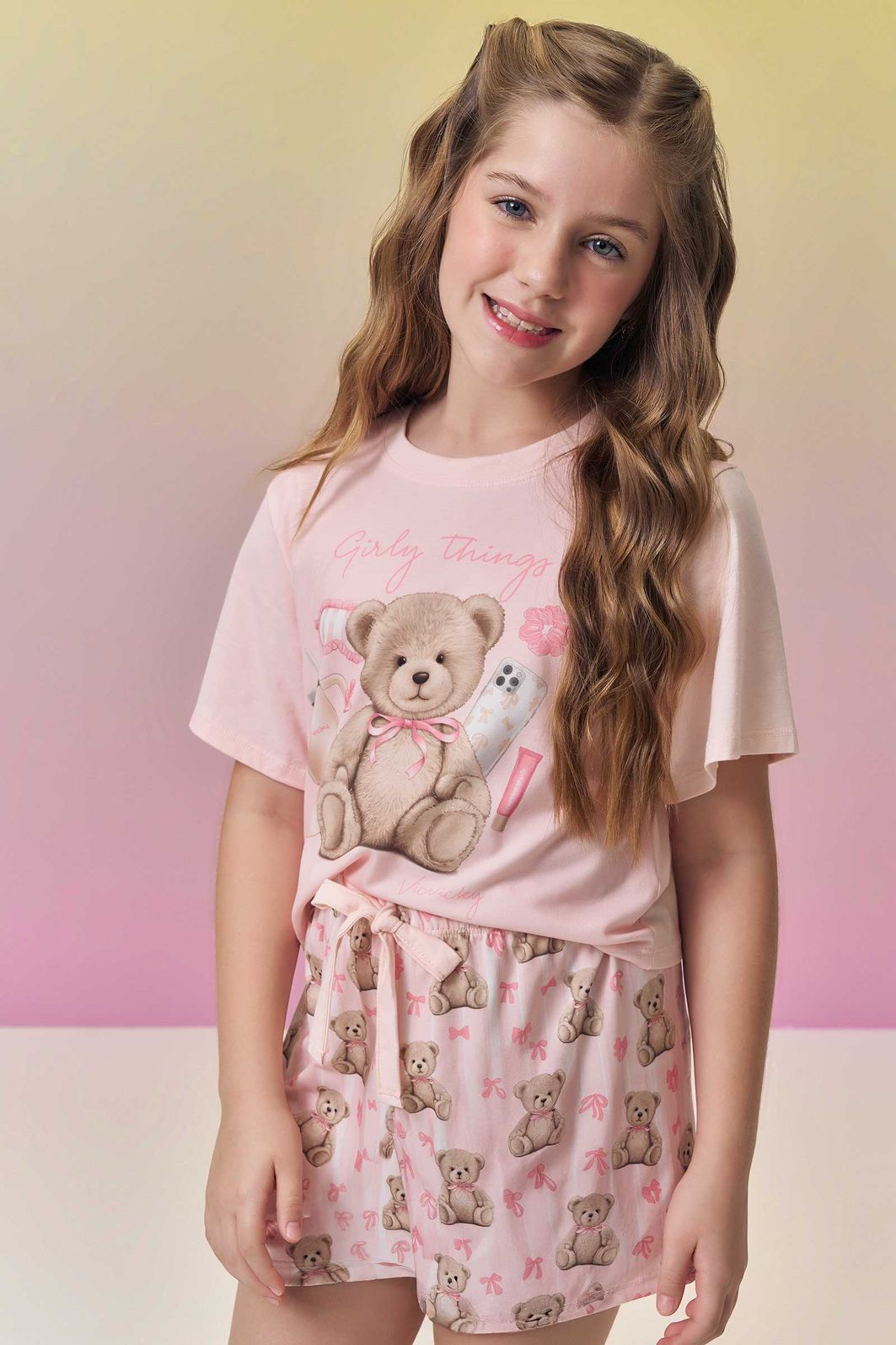 Conjunto de pijama com blusa em meia malha e shorts em malha fresh 95089 Vic Teen Menina