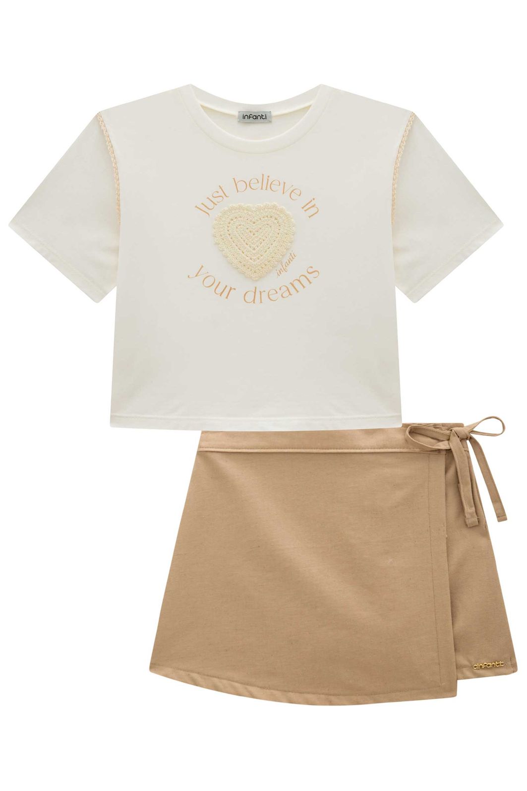 Conjunto de blusa em meia malha e short saia em linho santorine com elastano 98822 Infanti Infantil Menina