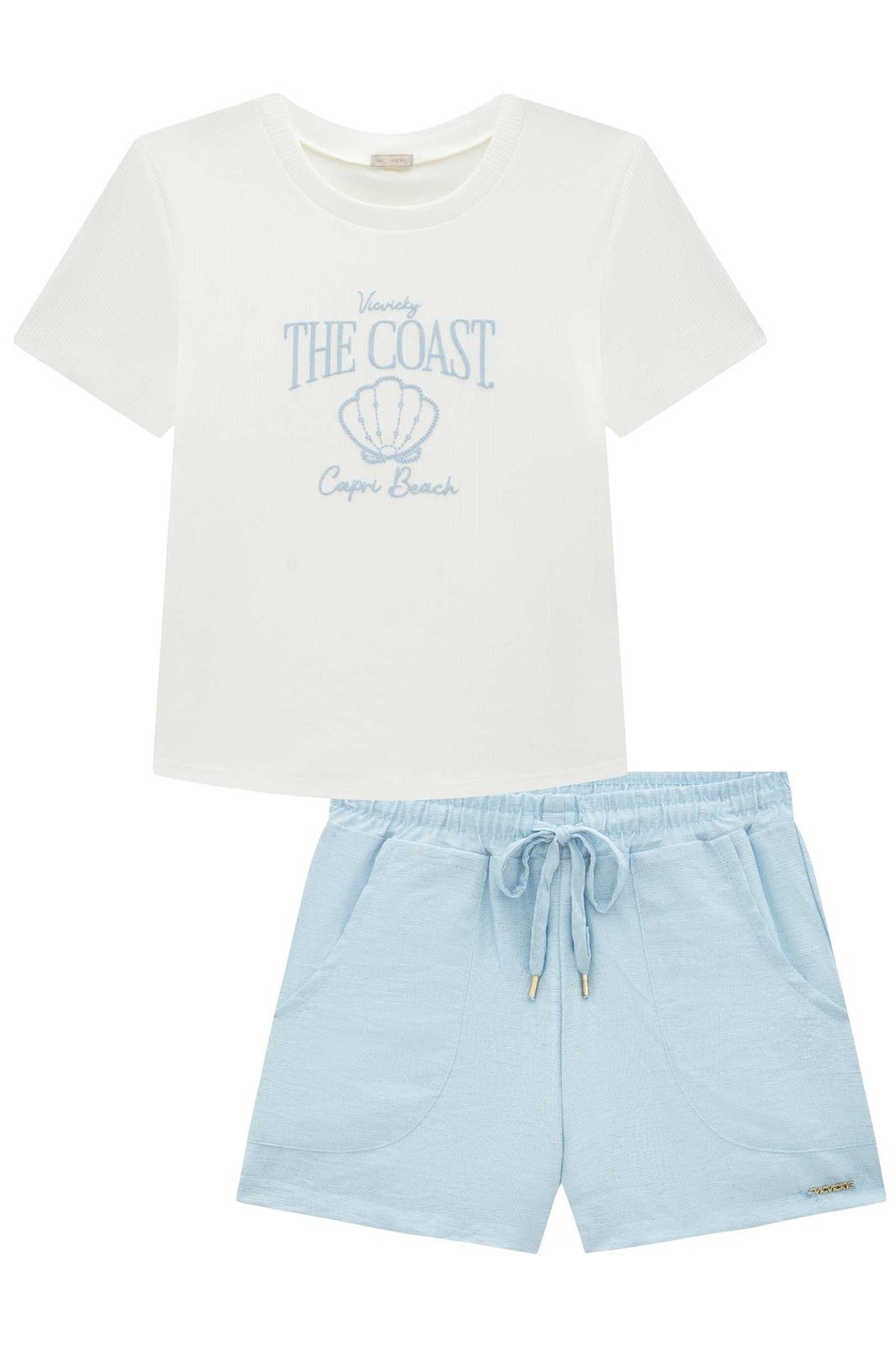 Conjunto de blusa em canelado liz e shorts em linho capri 94390 Vic Teen Menina