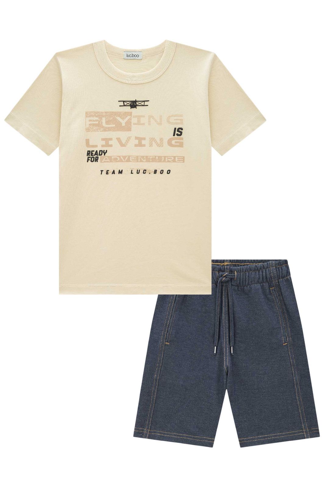 Conjunto de camiseta em meia malha e bermuda em malha denim com elastano 94574 LucBoo Infantil Menino Conjunto de camiseta em meia malha e bermuda em malha denim com elastano 94574 LucBoo Infantil Menino