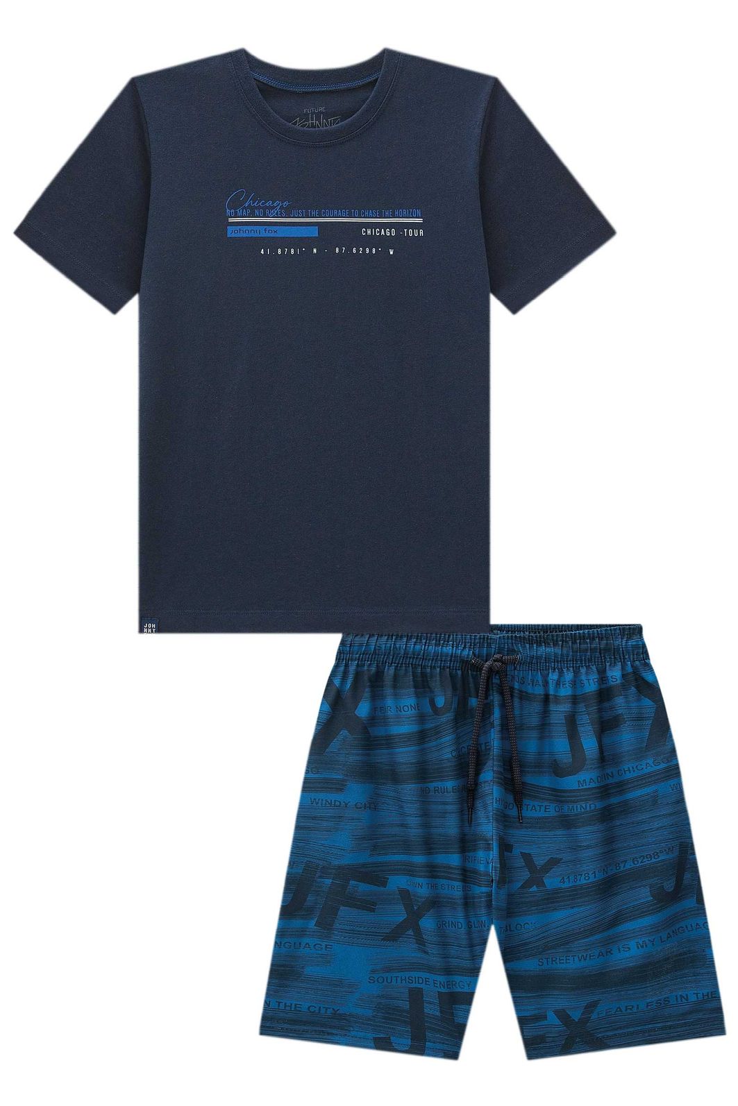 Conjunto de camiseta em meia malha e bermuda em nylon ergonomic com elastano 97973 Johnny Fox Teen Menino Conjunto de camiseta em meia malha e bermuda em nylon ergonomic com elastano 97973 Johnny Fox Teen Menino