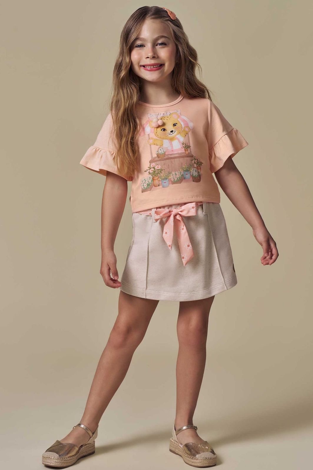 Conjunto de blusa em meia malha com short saia em moletom sem pelúcia 96922 Infanti Infantil Menina