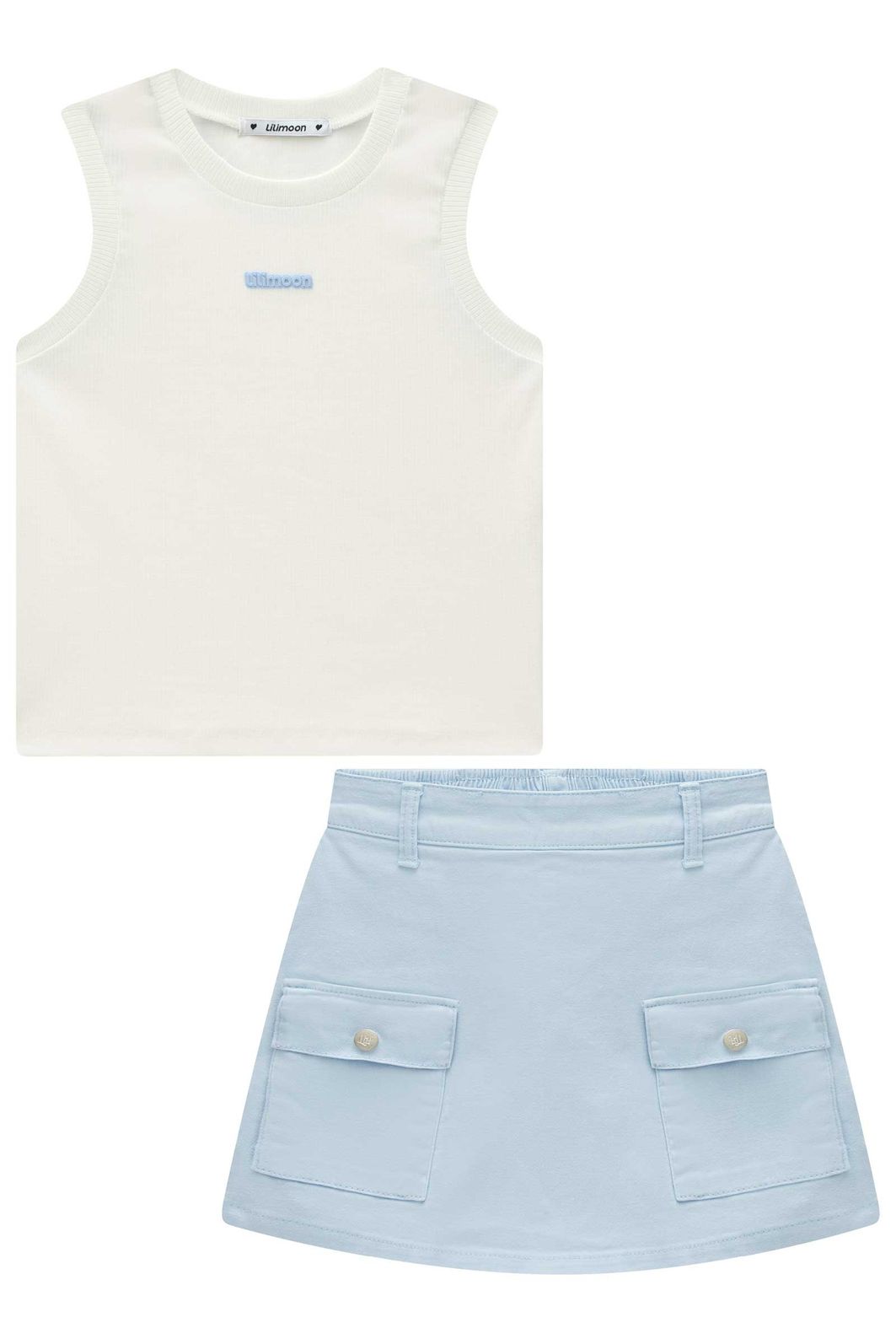 Conjunto de regata em canelado liz e short saia em sarja com elastano 96261 Lilimoon Teen Menina Conjunto de regata em canelado liz e short saia em sarja com elastano 96261 Lilimoon Teen Menina