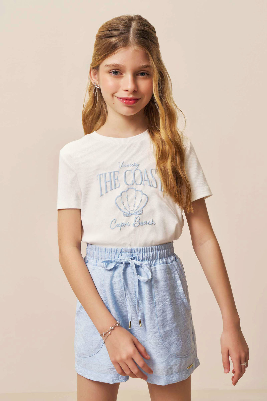Conjunto de blusa em canelado liz e shorts em linho capri 94390 Vic Teen Menina