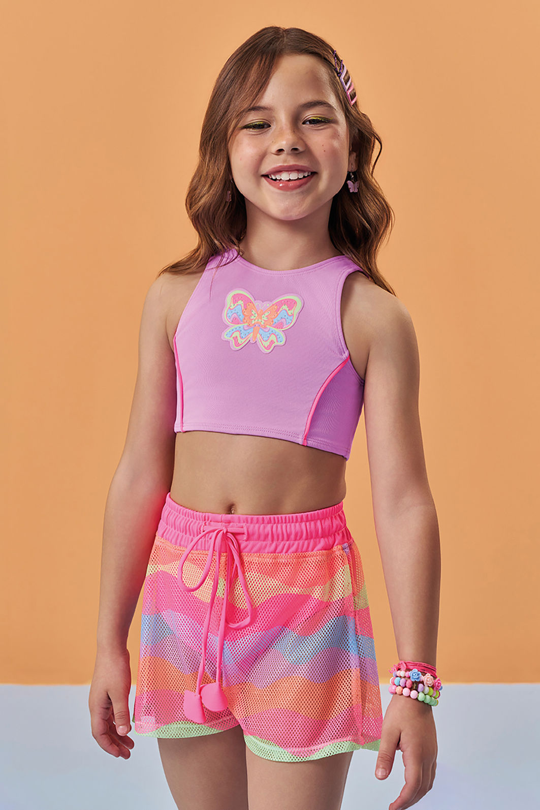 Trio de biquíni em malha poliamida com proteção UV50+ e shorts em tela fashion 96224 Kukiê Infantil Menina