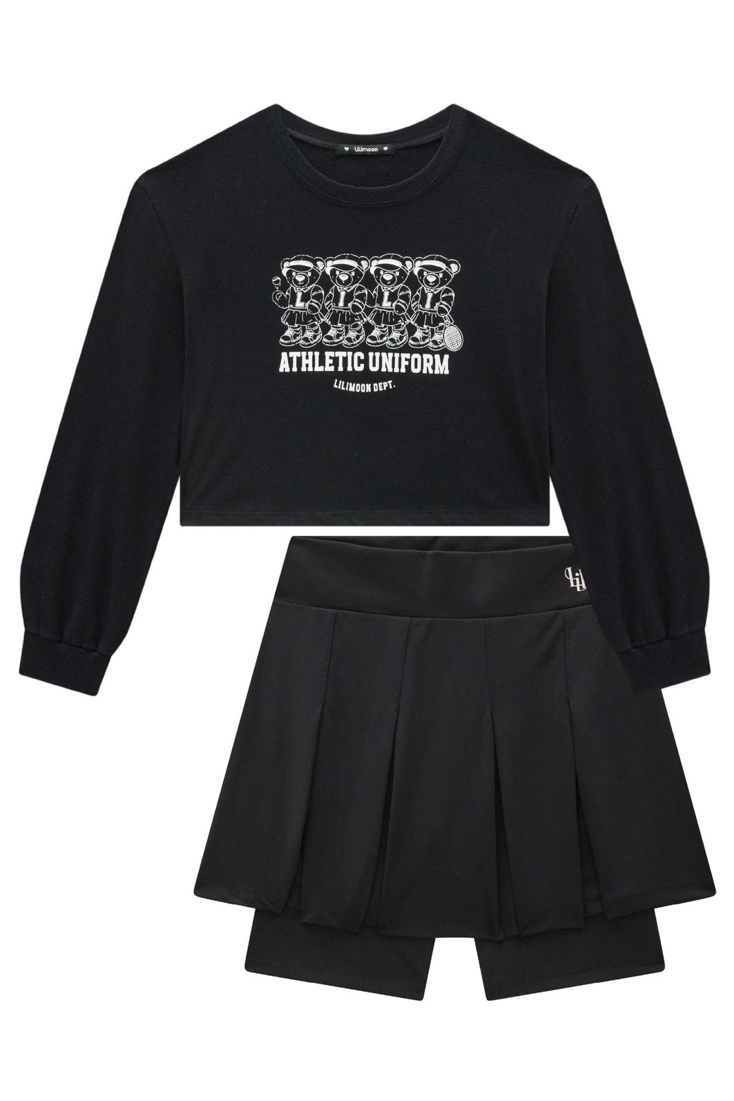 Conjunto de blusa cropped em meia malha e saia em poliamida com shorts embutido 92286 Lilimoon Teen Menina