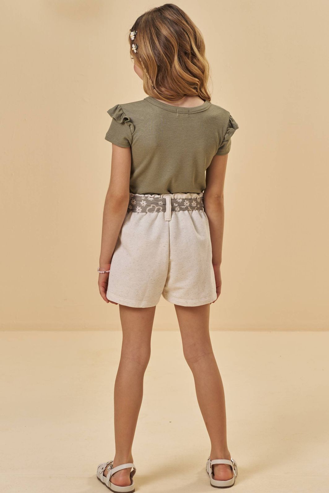 Conjunto de blusa em canelado de viscose e shorts em moletom linho sem pelúcia 98034 Kukiê Infantil Menina