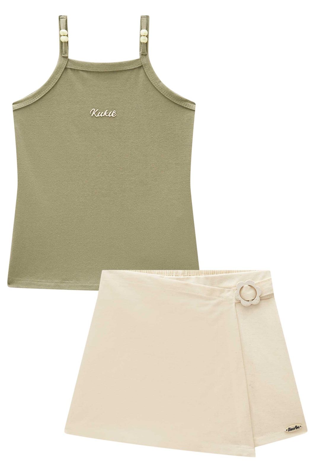 Conjunto de regata em cotton e short saia em linho santorini com elastano 98397 Kukiê Infantil Menina