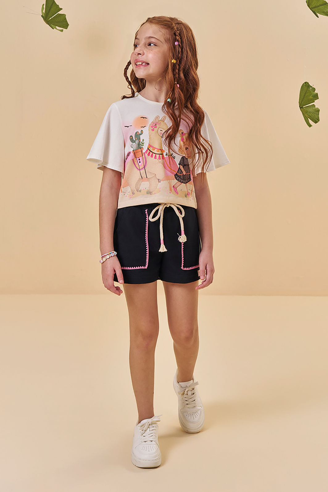 Conjunto de blusa em meia malha e shorts em moletom sem pelúcia 95061 Kukiê Infantil Menina