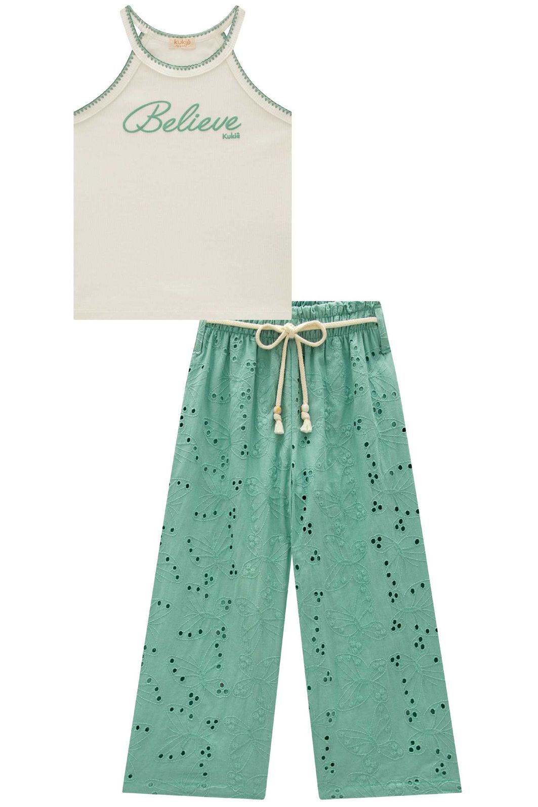 Conjunto de regata em canelado e calça cropped em tecido bordado. (Com short embutido) 98937 Kukiê Infantil Menina Conjunto de regata em canelado e calça cropped em tecido bordado. (Com short embutido) 98937 Kukiê Infantil Menina