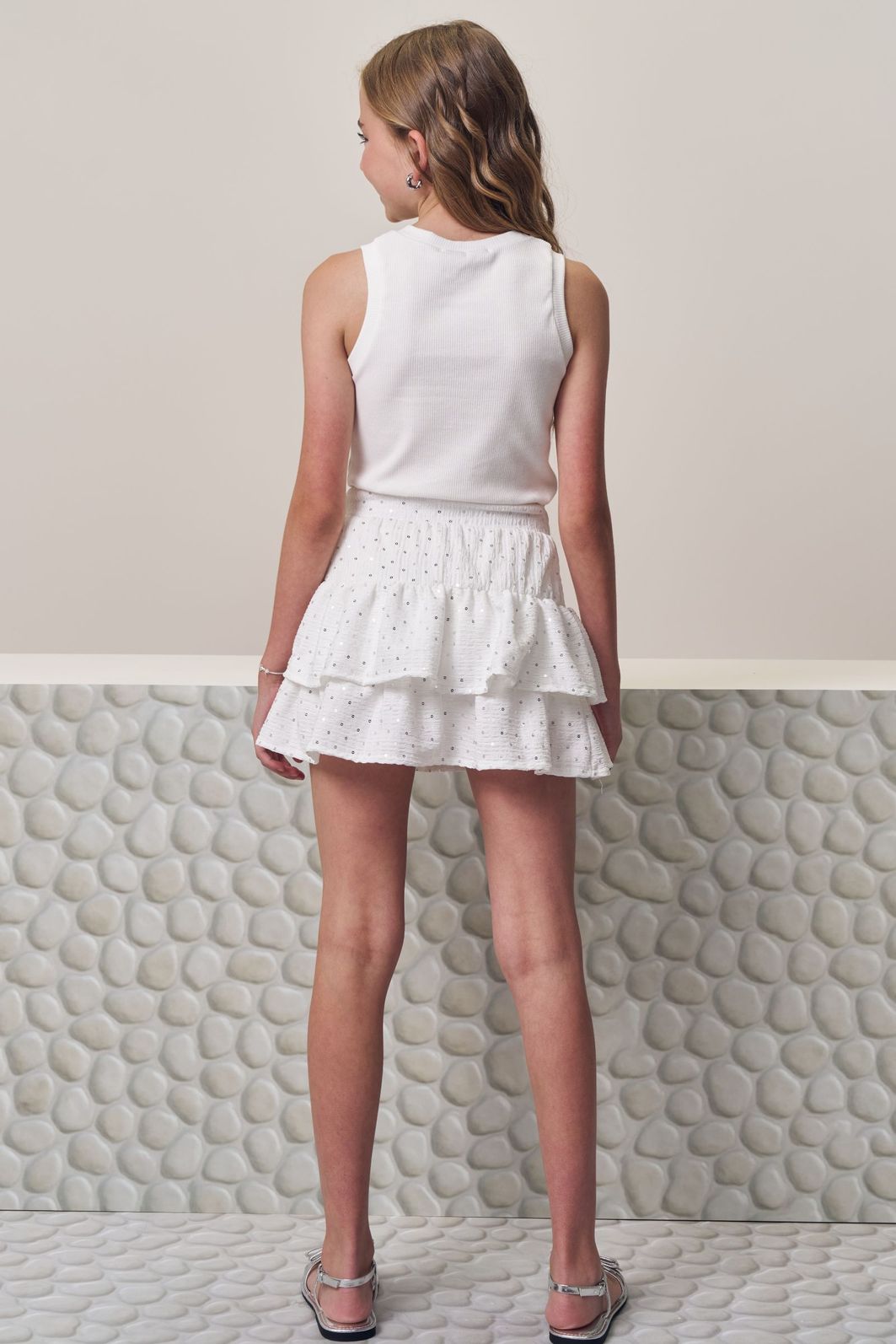Saia ruffle em anarruga bordada paetê com shorts embutido 98166 Lilimoon Teen Menina