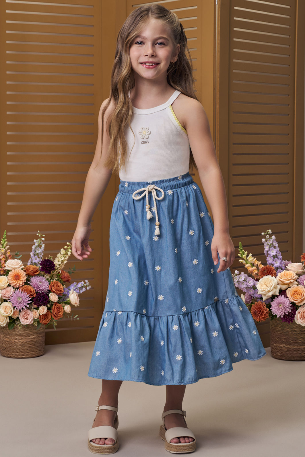 Conjunto de regata em canelado liz com saia midi em denim bordado 96208 Infanti Infantil Menina