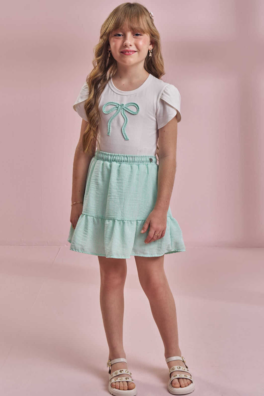Conjunto de blusa em cotton e saia em tricoline listrado 96431 Kukiê Infantil Menina Conjunto de blusa em cotton e saia em tricoline listrado 96431 Kukiê Infantil Menina