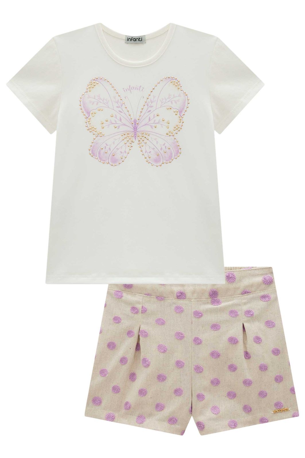 Conjunto de blusa em cotton com shorts em linho bordado poá 99394 Infanti Infantil Menina Conjunto de blusa em cotton com shorts em linho bordado poá 99394 Infanti Infantil Menina