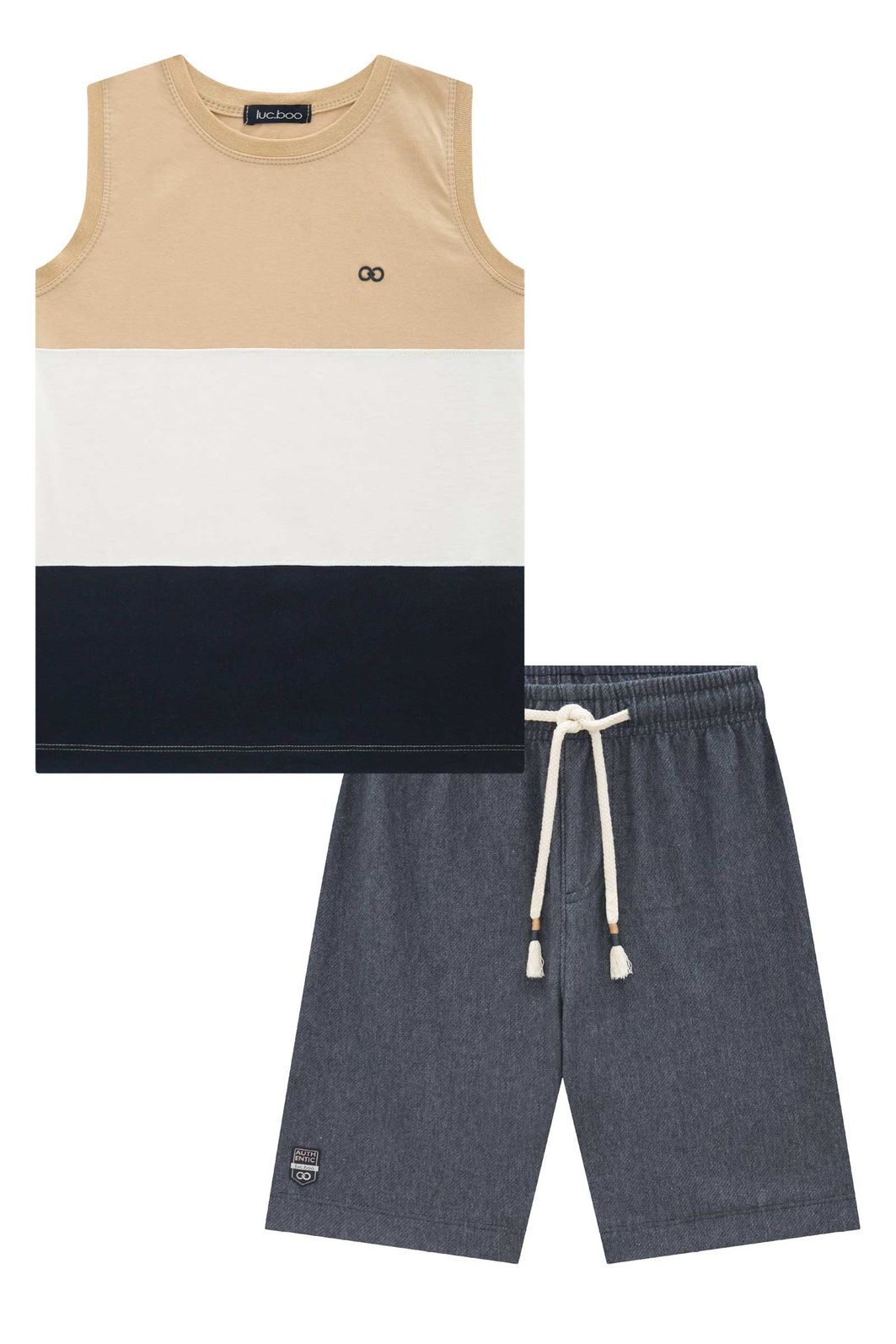 Conjunto de regata em meia malha e bermuda em cotton jeans com elastano 97111 LucBoo Infantil Menino Conjunto de regata em meia malha e bermuda em cotton jeans com elastano 97111 LucBoo Infantil Menino