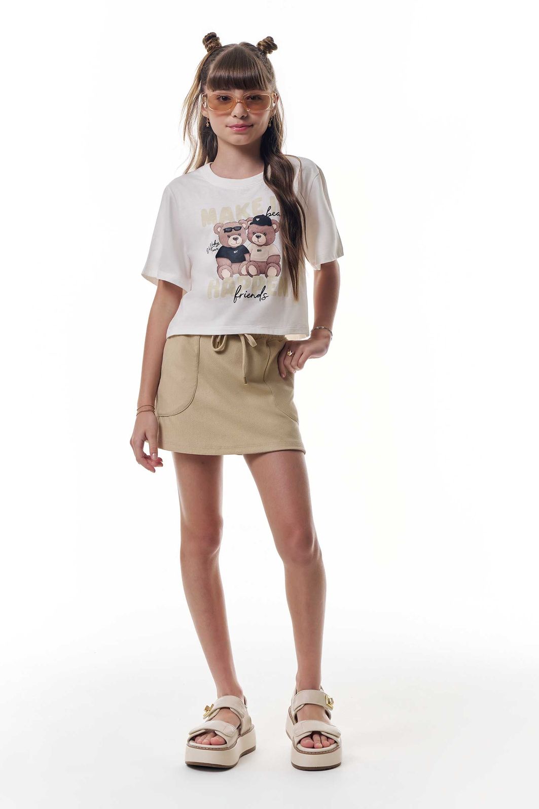 Conjunto de blusa em meia malha e short saia em cotton jeans 95965 Vic Teen Menina Conjunto de blusa em meia malha e short saia em cotton jeans 95965 Vic Teen Menina