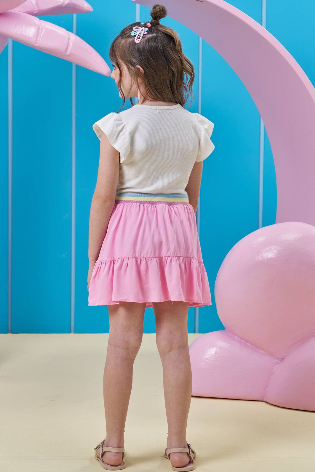 Conjunto de blusa em canelado e saia em viscose (com shorts embutido) 96383 Kukiê Infantil Menina