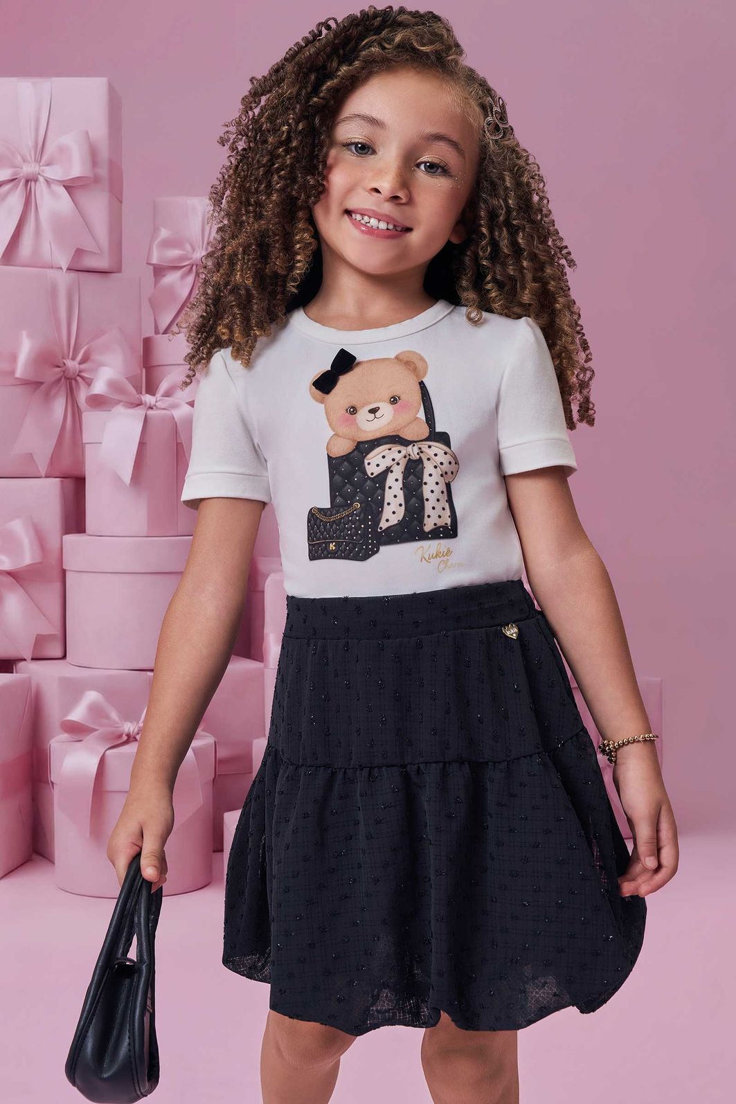 Conjunto de blusa em cotton e saia em chiffon shine (com shorts embutido) 99650 Kukiê Infantil Menina Conjunto de blusa em cotton e saia em chiffon shine (com shorts embutido) 99650 Kukiê Infantil Menina
