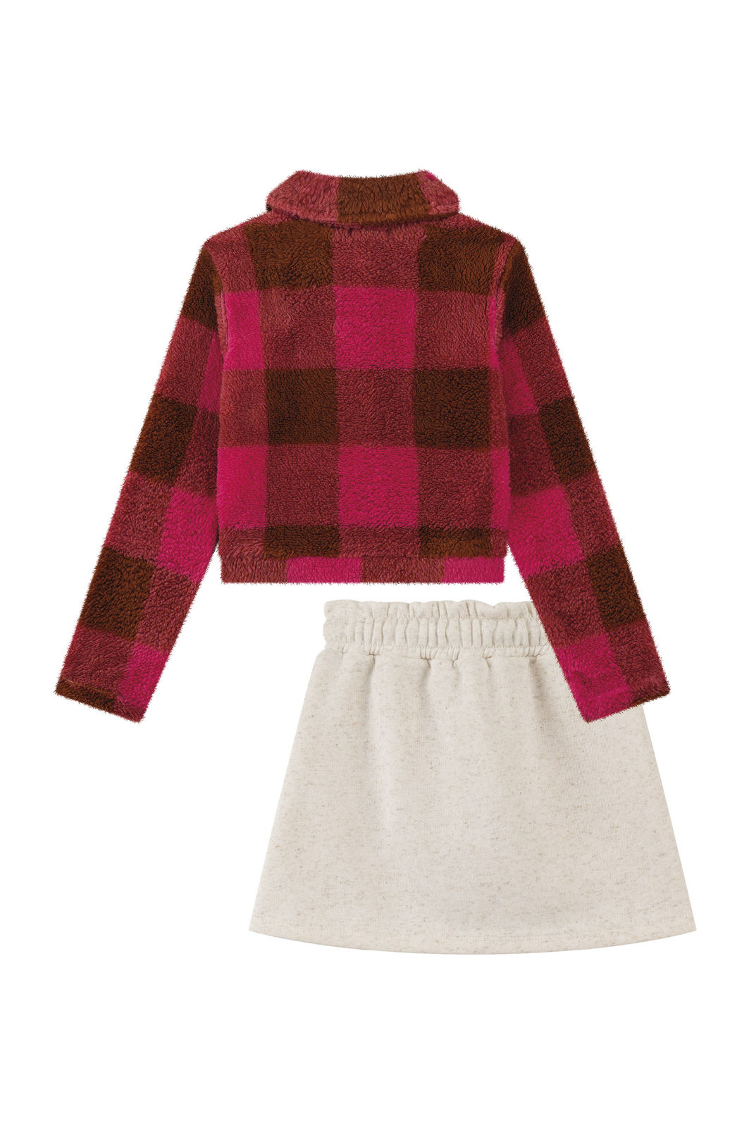 Conjunto de jaqueta boxy em pelo maxi sheep e short saia em moletom com pelúcia 92508 Kukiê Infantil Menina Conjunto de jaqueta boxy em pelo maxi sheep e short saia em moletom com pelúcia 92508 Kukiê Infantil Menina