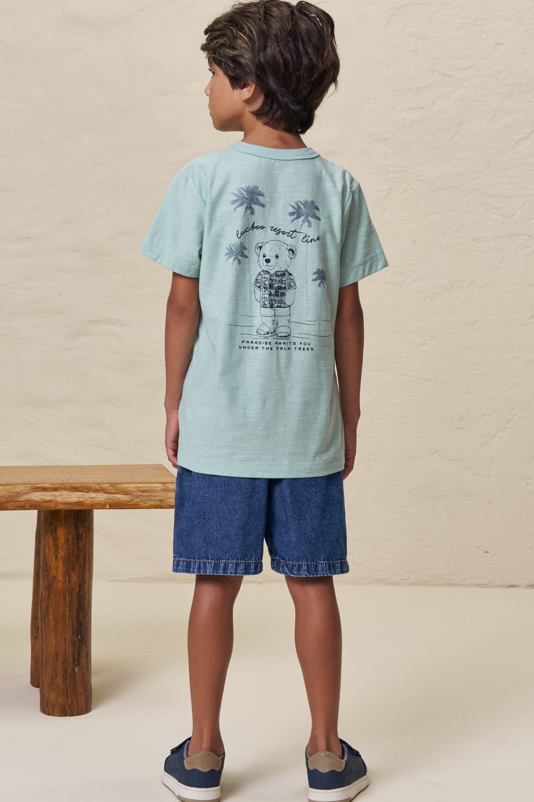 Conjunto de camiseta em meia malha flamê e bermuda em jeans teca 99063 LucBoo Infantil Menino Conjunto de camiseta em meia malha flamê e bermuda em jeans teca 99063 LucBoo Infantil Menino