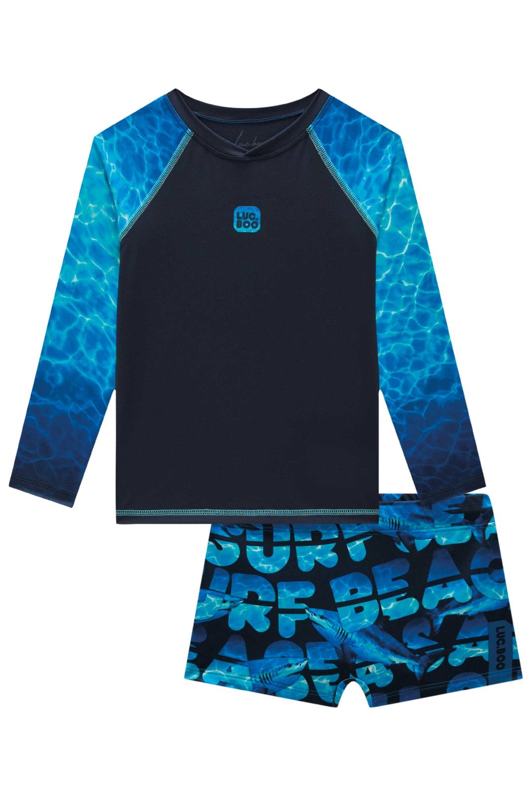 Conjunto de camiseta e sunga em malha UV dry com preoteção UV50+ 92467 LucBoo Infantil Menino Conjunto de camiseta e sunga em malha UV dry com preoteção UV50+ 92467 LucBoo Infantil Menino
