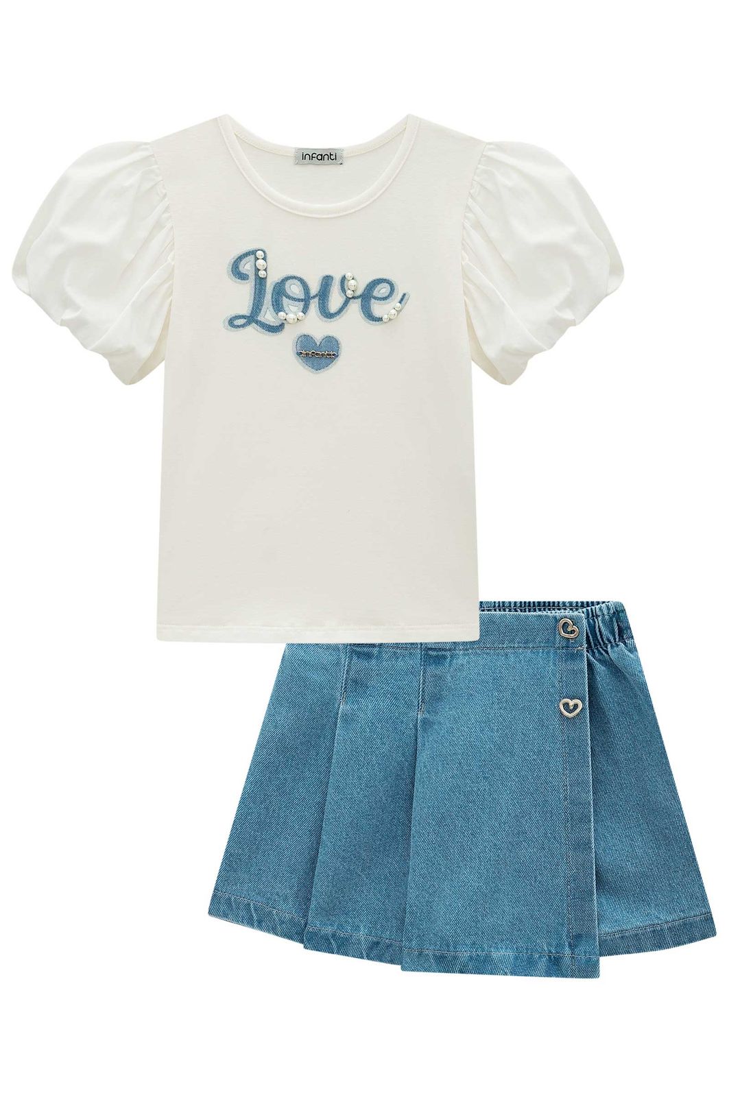 Blusa em cotton e tricoline e short saia em jeans 98795 Infanti Infantil Menina Blusa em cotton e tricoline e short saia em jeans 98795 Infanti Infantil Menina