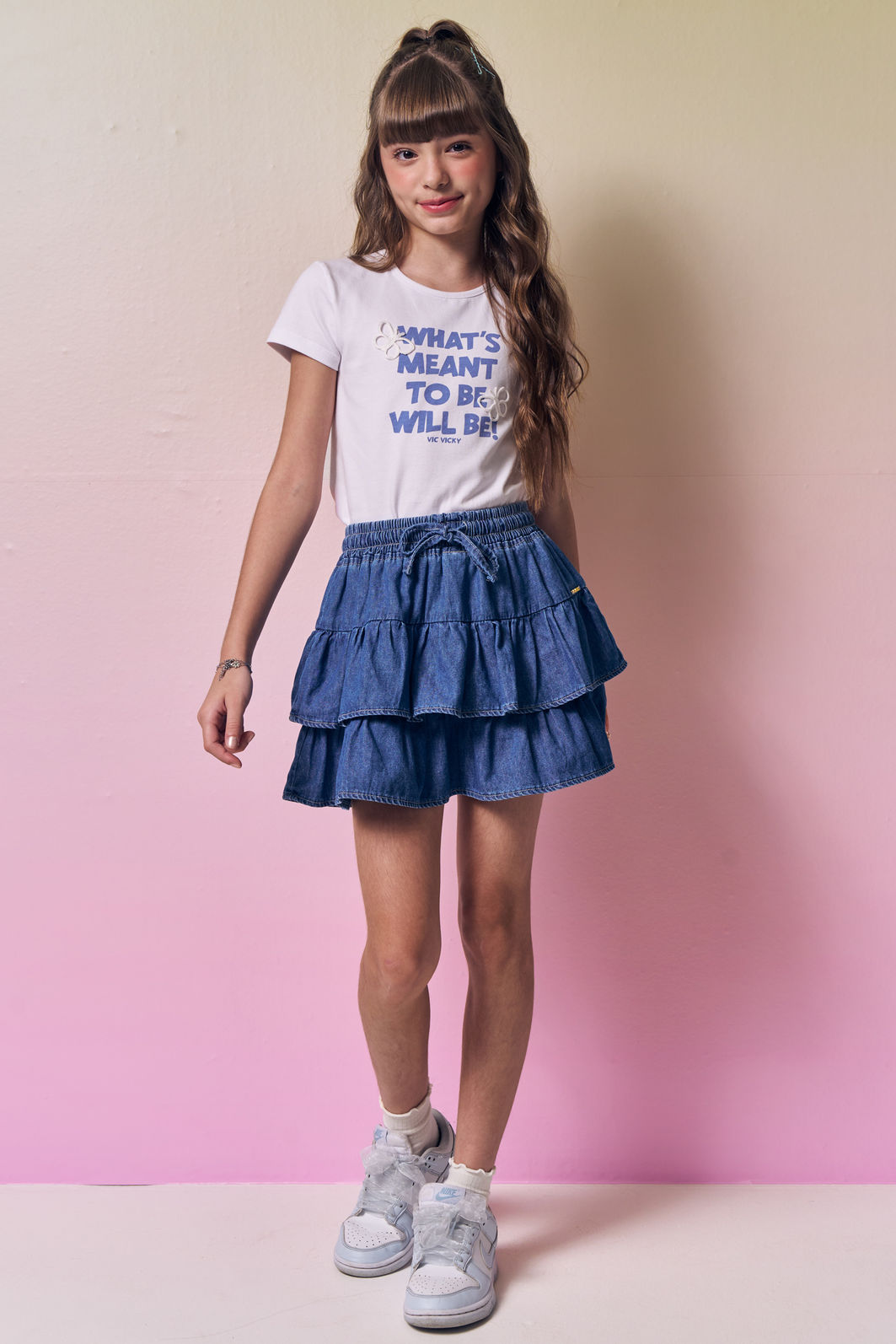 Blusa em cotton e saia em jeans com elastano 96905 Vic Teen Menina Blusa em cotton e saia em jeans com elastano 96905 Vic Teen Menina