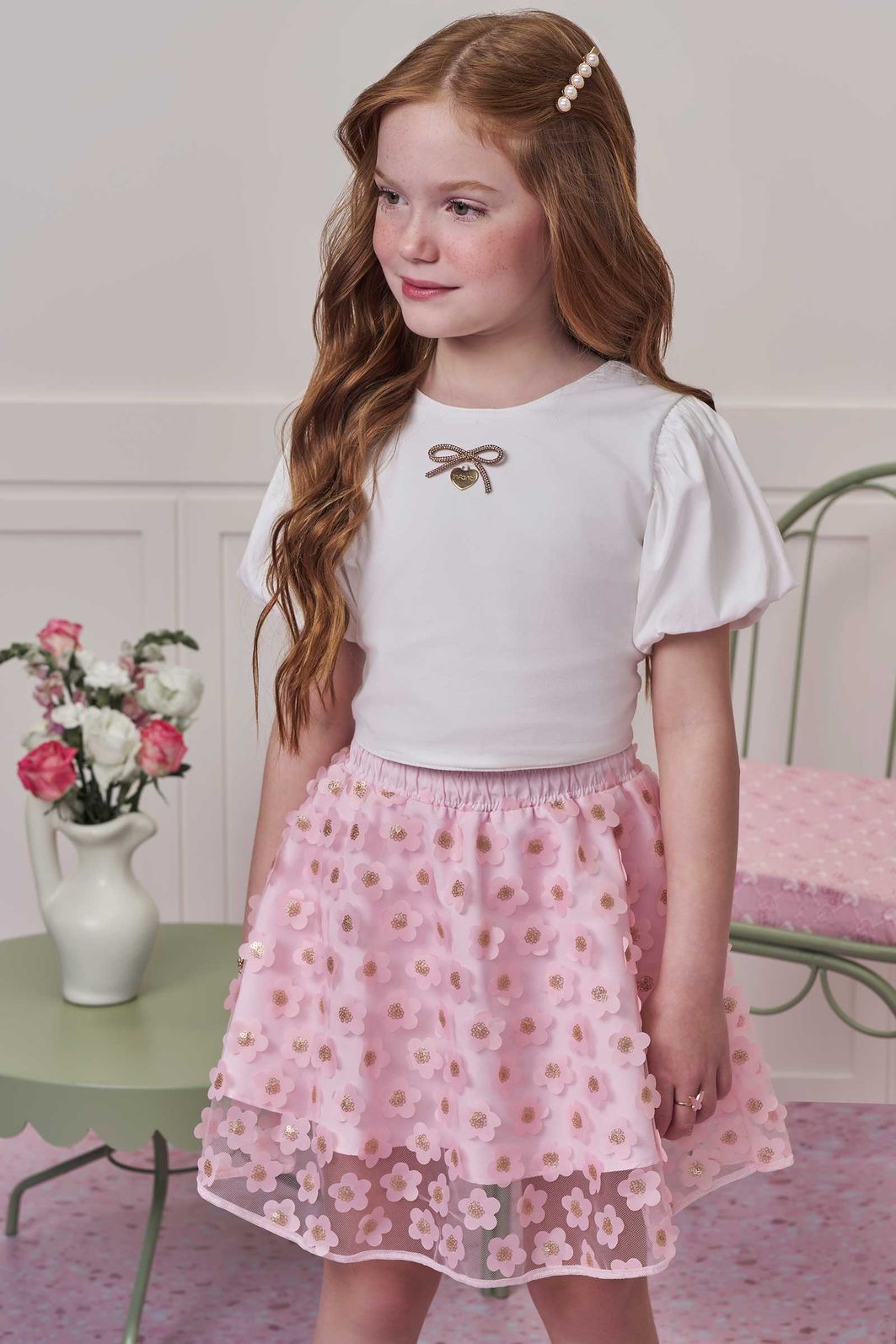 Conjunto de blusa em tricoline e saia em tule bordado flower. Com shorts embutido 99080 Infanti Infantil Menina