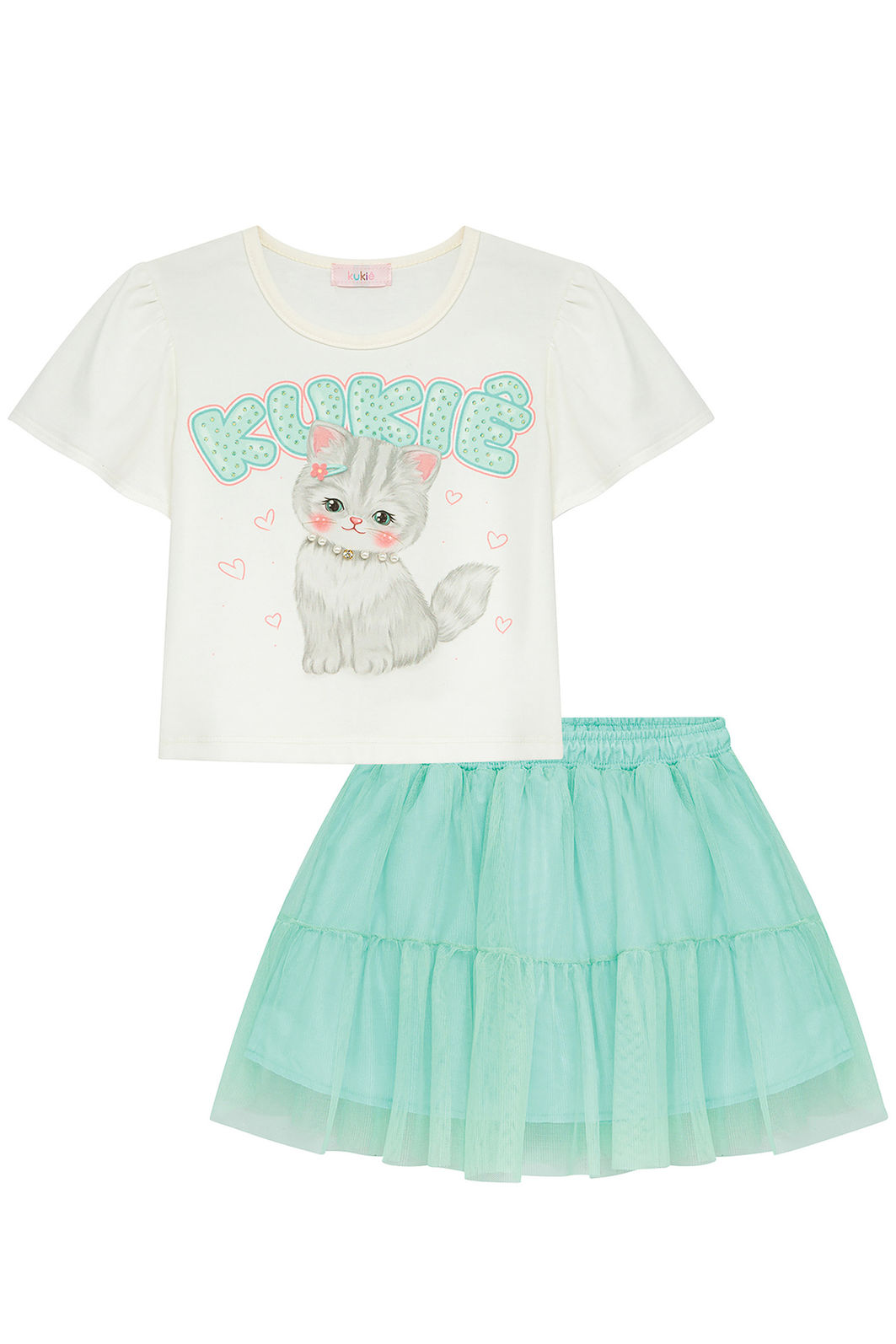 Conjunto de blusa em mela malha e saia em tule com elastano com shorts embutido 93633 Kukiê Infantil Menina Conjunto de blusa em mela malha e saia em tule com elastano com shorts embutido 93633 Kukiê Infantil Menina