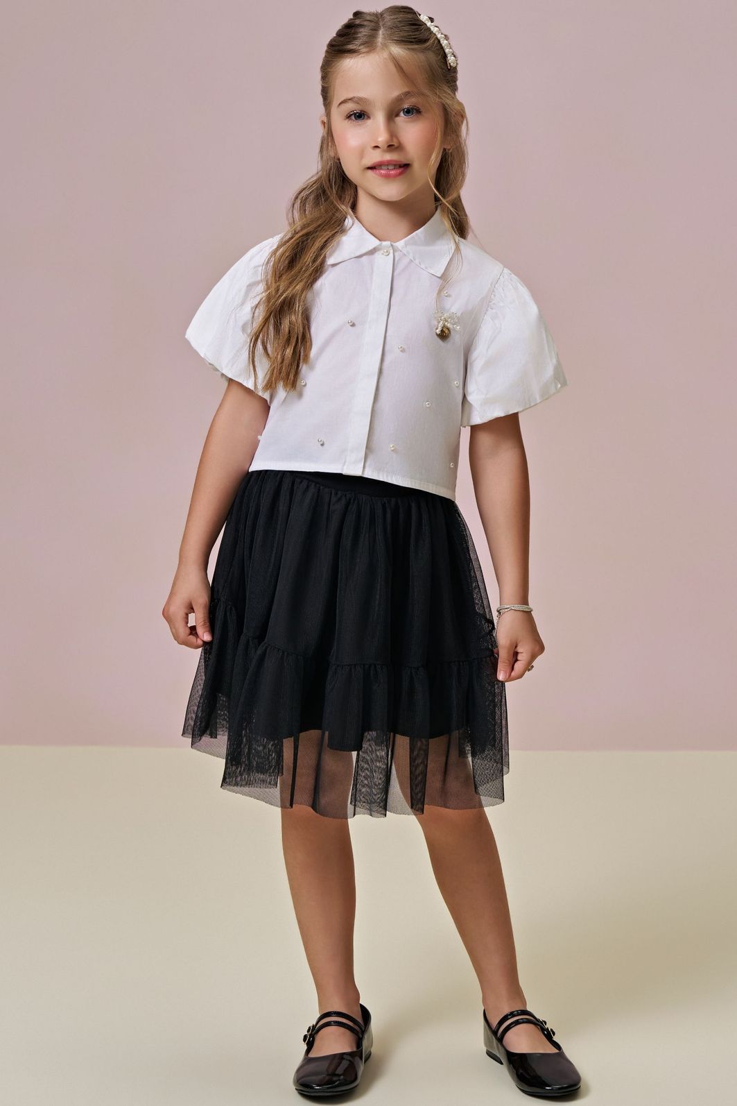 Conjunto de camisa em tricoline com elastano e saia em tule. Com shorts embutido 97193 Infanti Infantil Menina Conjunto de camisa em tricoline com elastano e saia em tule. Com shorts embutido 97193 Infanti Infantil Menina