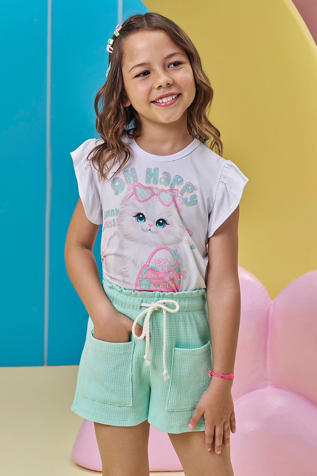 Conjunto de blusa em meia malha e shorts em malha waffle 95971 Kukiê Infantil Menina Conjunto de blusa em meia malha e shorts em malha waffle 95971 Kukiê Infantil Menina