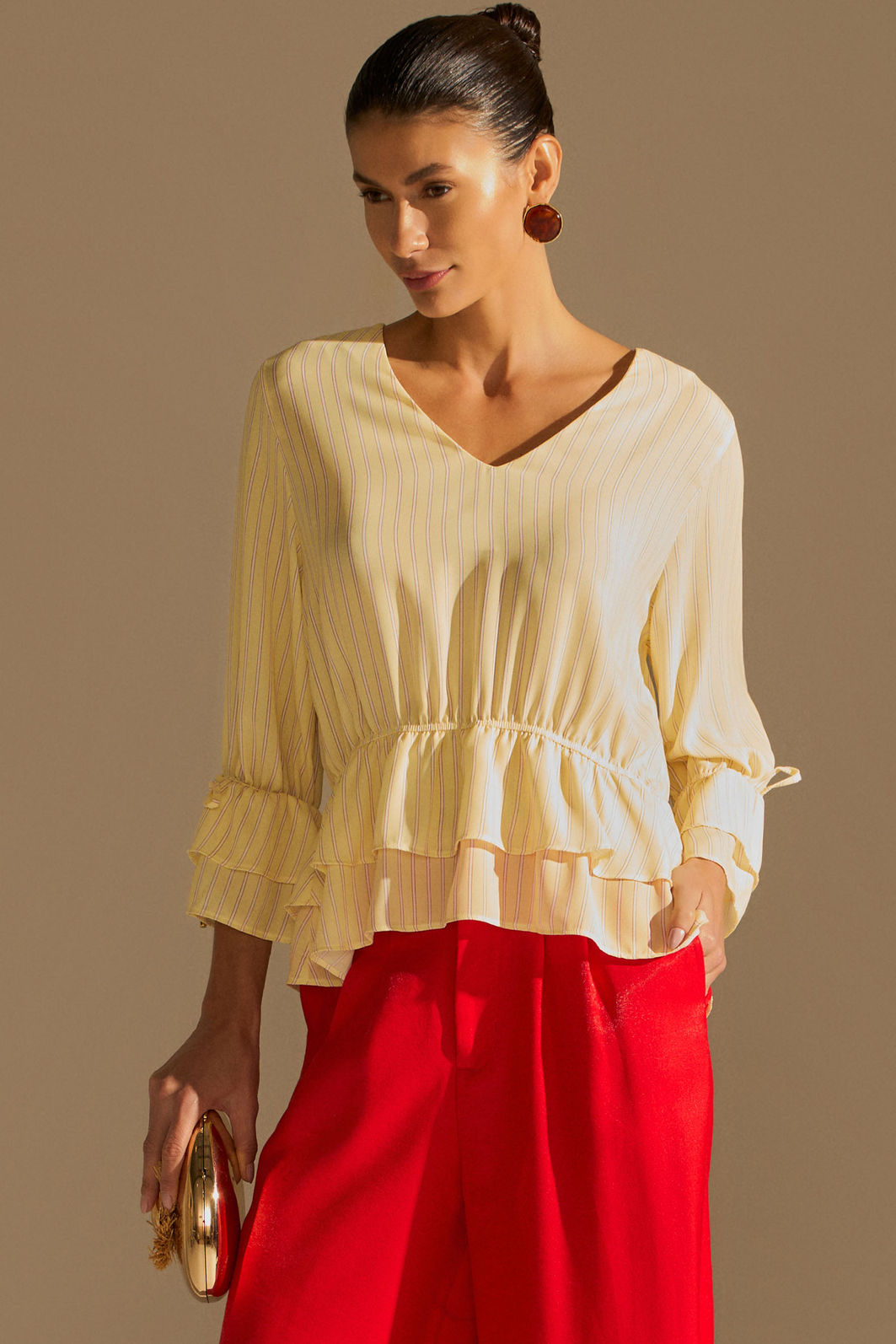 Bata de babados em chiffon listrado 96188 Linzzi