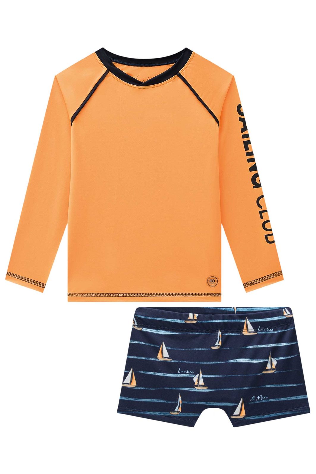 Conjunto de camiseta e sunga em malha UV dry com proteção UV50+ 96174 LucBoo Infantil Menino Conjunto de camiseta e sunga em malha UV dry com proteção UV50+ 96174 LucBoo Infantil Menino