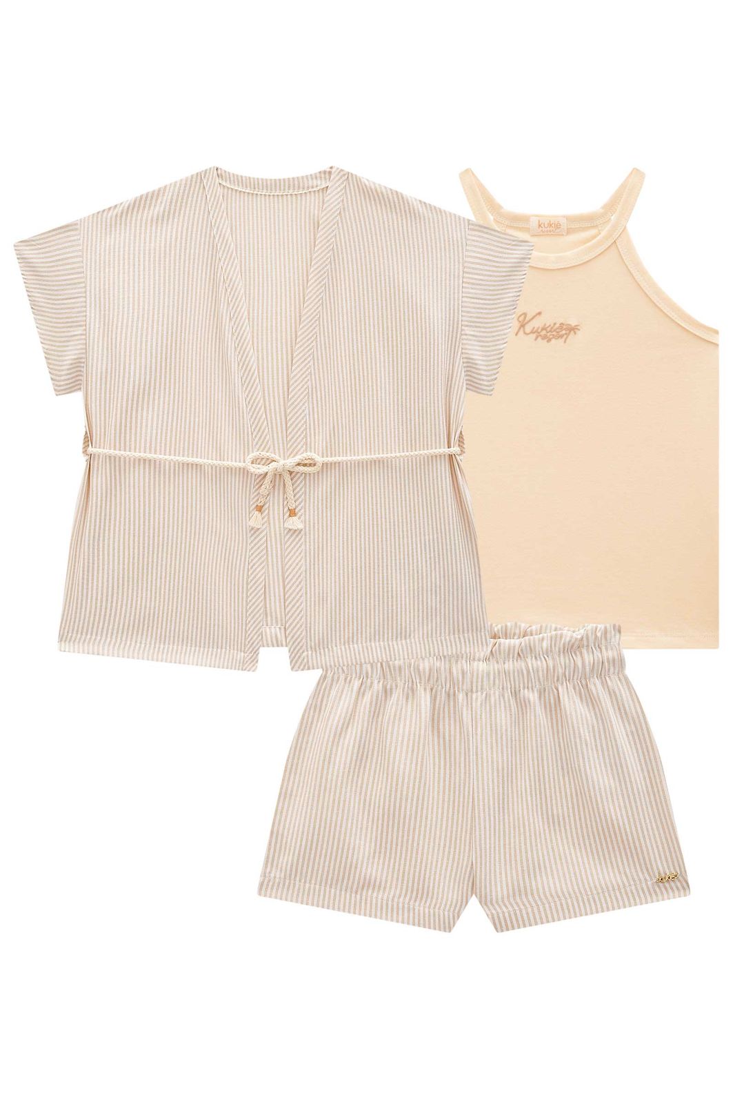 Trio de regata em cotton e kimono e shorts em tricoline listrado 98070 Kukiê Infantil Menina