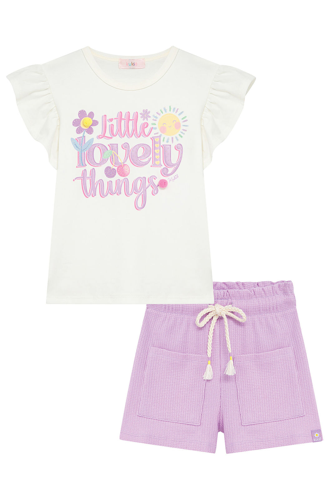 Conjunto de blusa em meia malha e shorts em malha little waffle 95970 Kukiê Infantil Menina