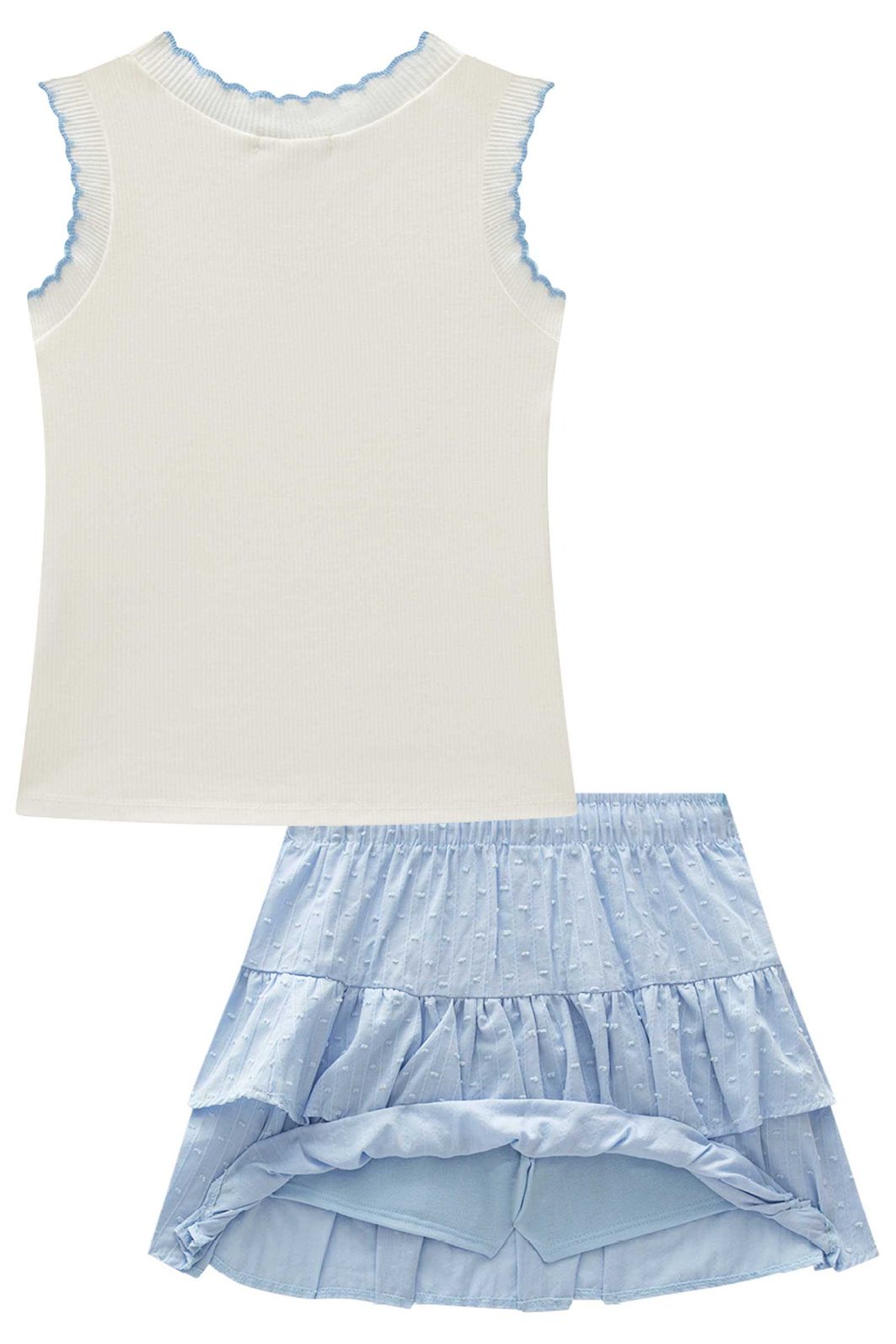 Conjunto de regata em canelado liz e saia em tricoline maquinetado. Com shorts embutido. 96968 Infanti Infantil Menina Conjunto de regata em canelado liz e saia em tricoline maquinetado. Com shorts embutido. 96968 Infanti Infantil Menina