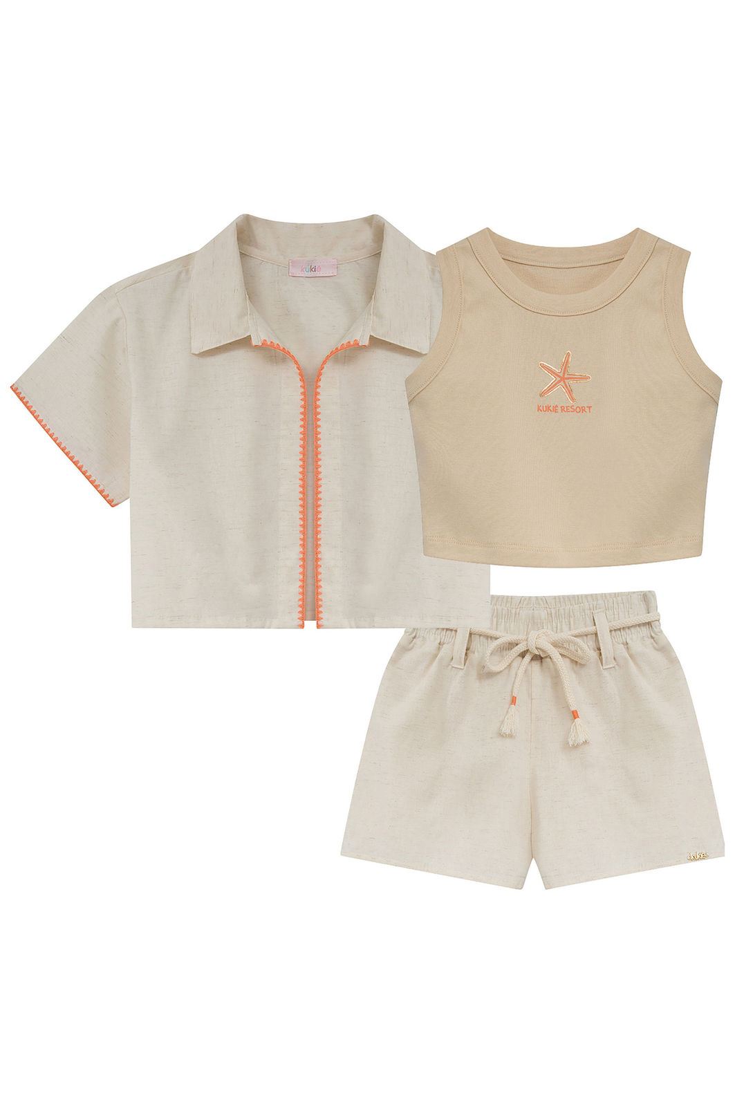 Trio de regata em ribana, camisa e shorts em linho deluxe 95903 Kukiê Infantil Menina Trio de regata em ribana, camisa e shorts em linho deluxe 95903 Kukiê Infantil Menina