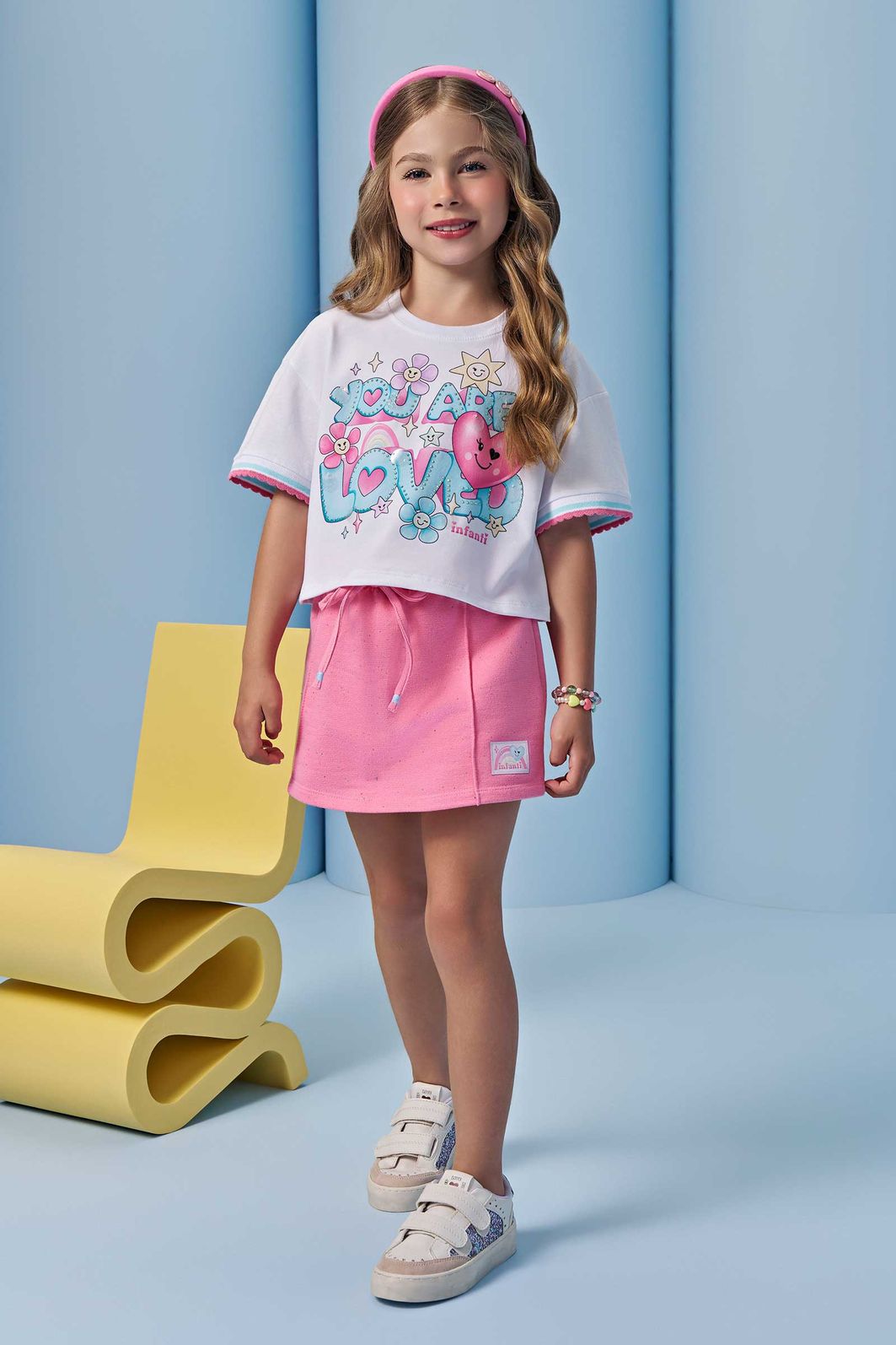 Conjunto de blusa em meia malha e shorts saia em moletom botonê sem pelúcia 95685 Infanti Infantil Menina