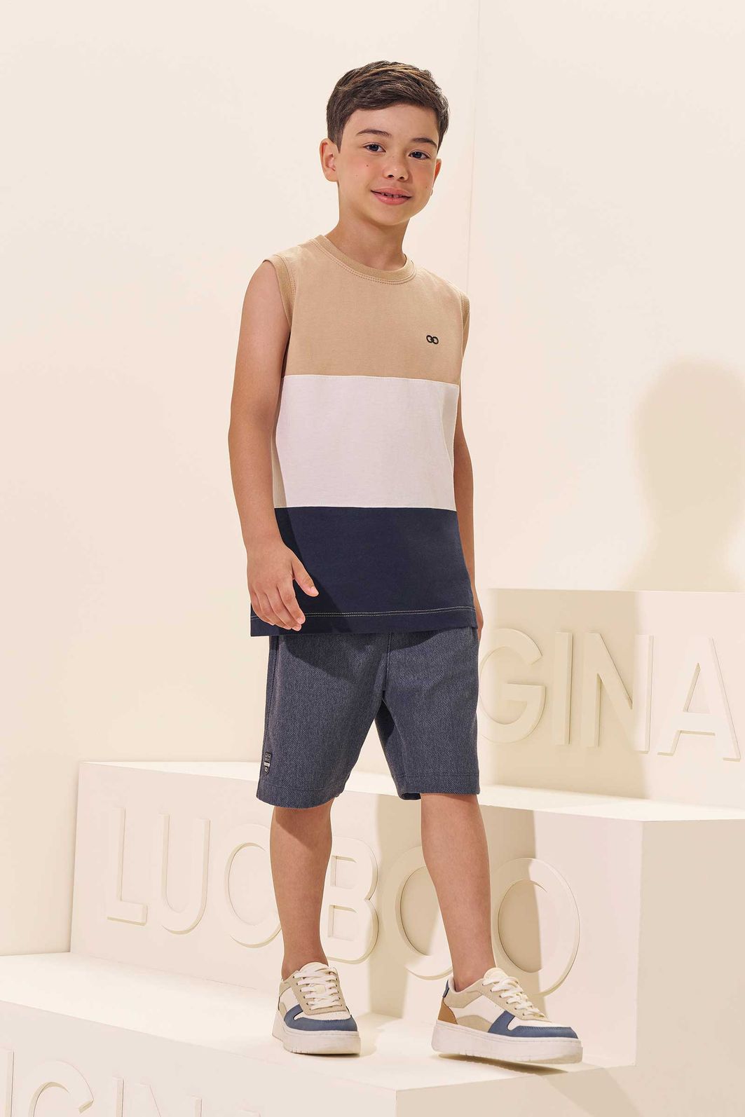 Conjunto de regata em meia malha e bermuda em cotton jeans com elastano 97111 LucBoo Infantil Menino Conjunto de regata em meia malha e bermuda em cotton jeans com elastano 97111 LucBoo Infantil Menino