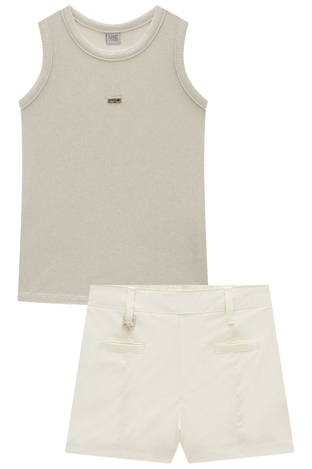Conjunto de regata em malha foil e shorts em alfaiataria tecno cargo 98617 Vic Teen Menina Conjunto de regata em malha foil e shorts em alfaiataria tecno cargo 98617 Vic Teen Menina