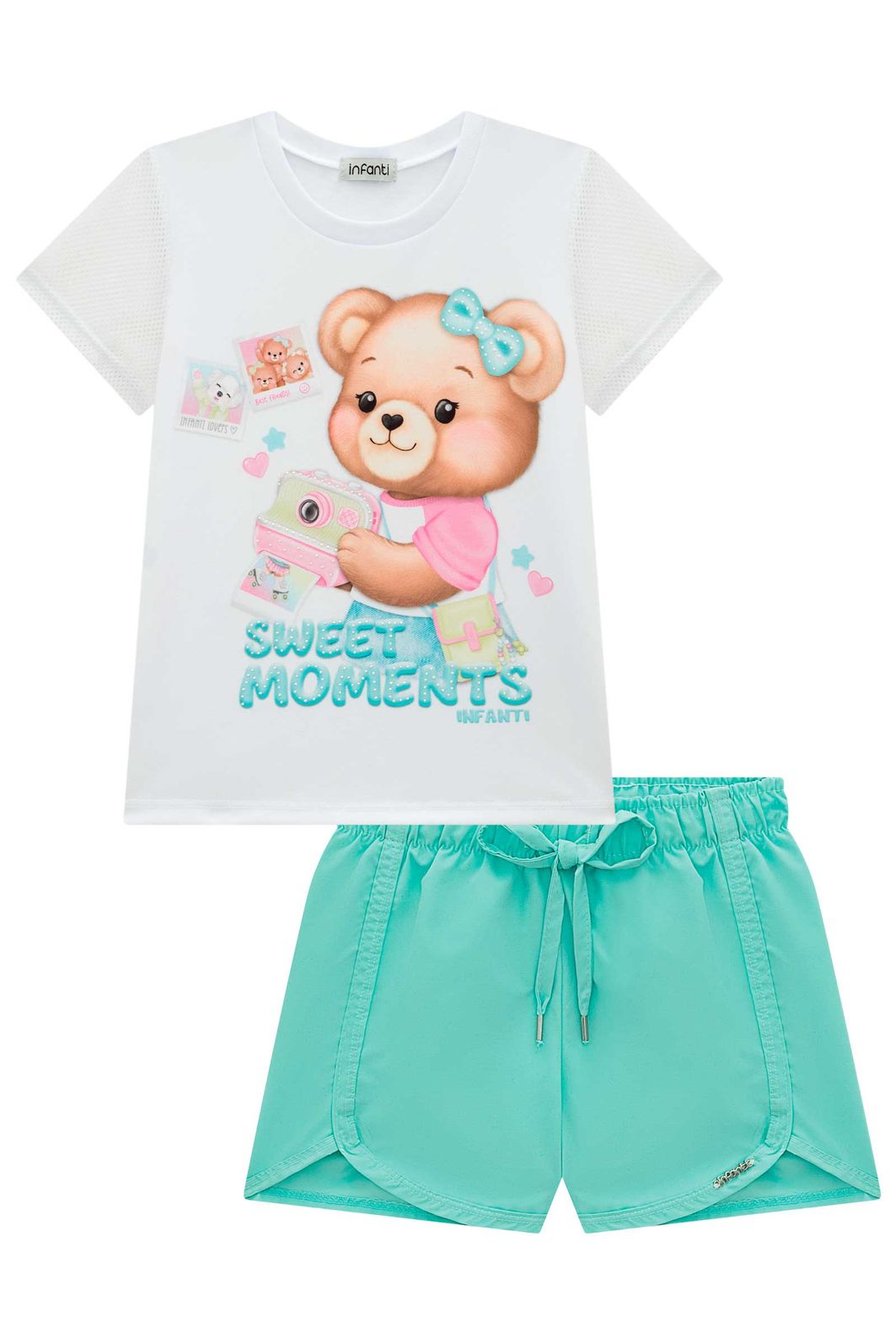 Conjunto de blusa em meia malha e tela fashion com shorts em nylon soft 99304 Infanti Infantil Menina