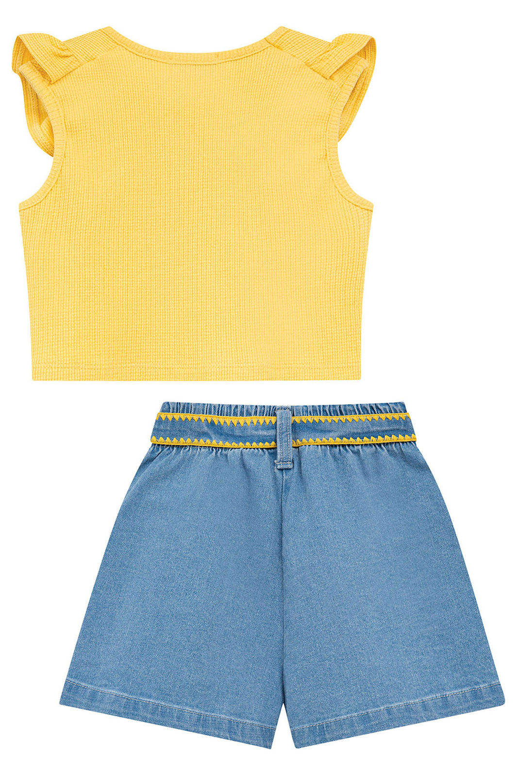 Conjunto de blusa em malha waffle e shorts em jeans com elastano 94796 Kukiê Infantil Menina Conjunto de blusa em malha waffle e shorts em jeans com elastano 94796 Kukiê Infantil Menina