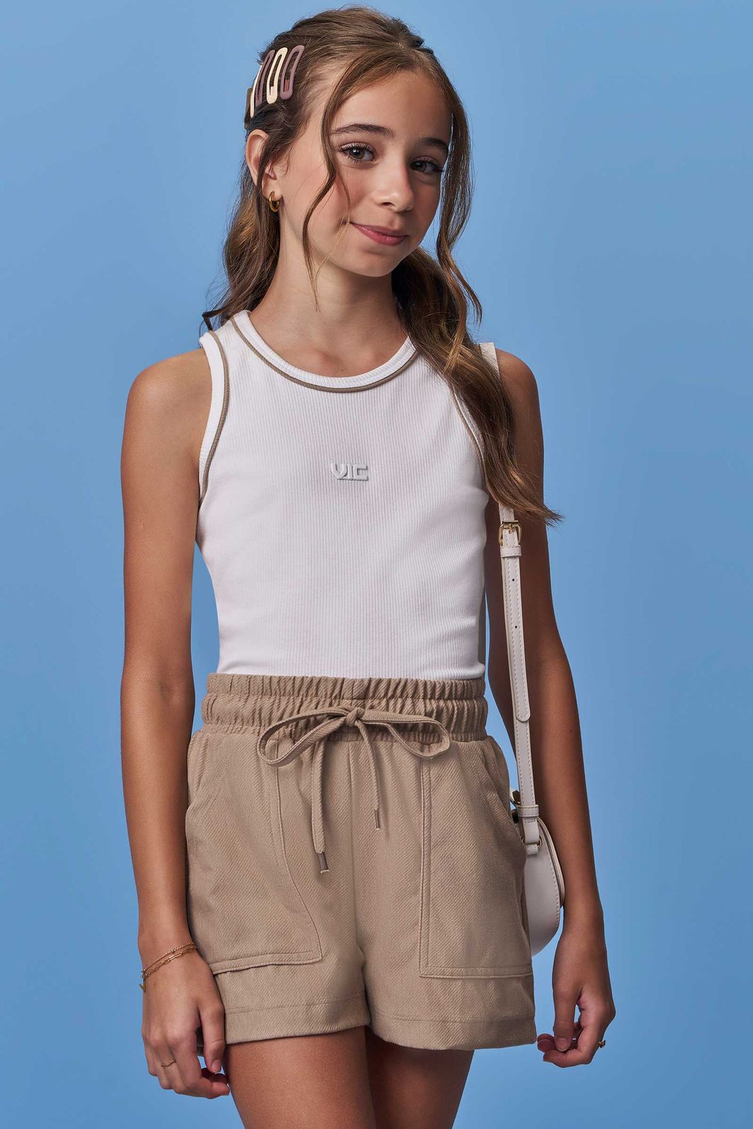 Conjunto de regata em canelado liz e shorts em cotton jeans 98510 Vic Teen Menina