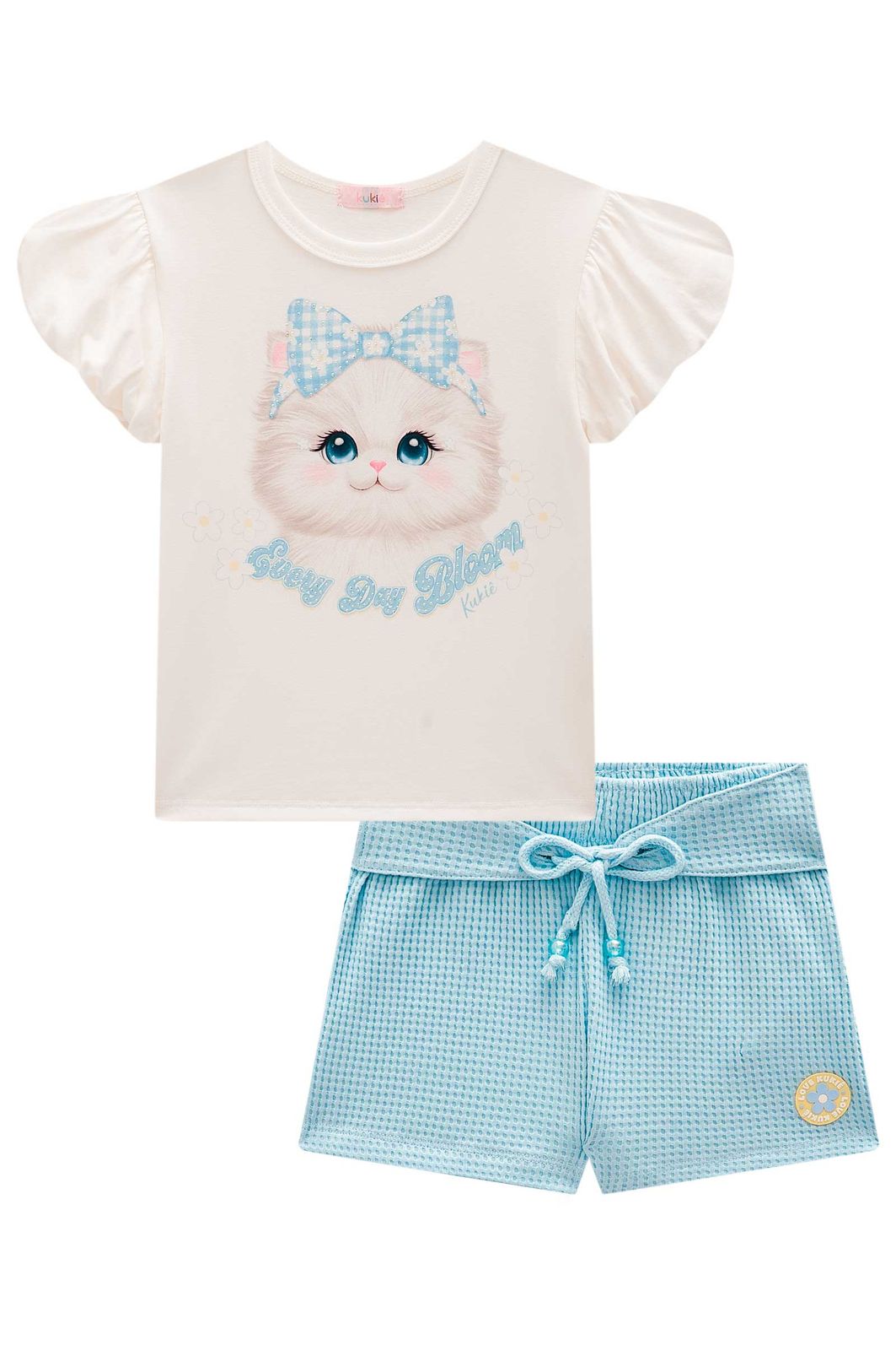 Conjunto de blusa em meia malha e shorts em malha big waffle 98450 Kukiê Infantil Menina