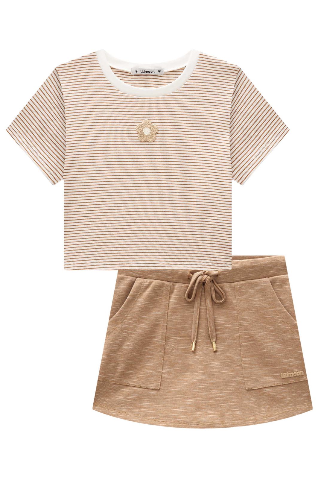 Conjunto de blusa em canelado listrado e short saia em malha mesclada 98671 Lilimoon Teen Menina Conjunto de blusa em canelado listrado e short saia em malha mesclada 98671 Lilimoon Teen Menina