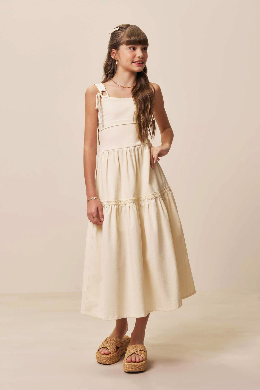 Vestido midi em linho com elastano 94427 Vic Teen Menina Vestido midi em linho com elastano 94427 Vic Teen Menina