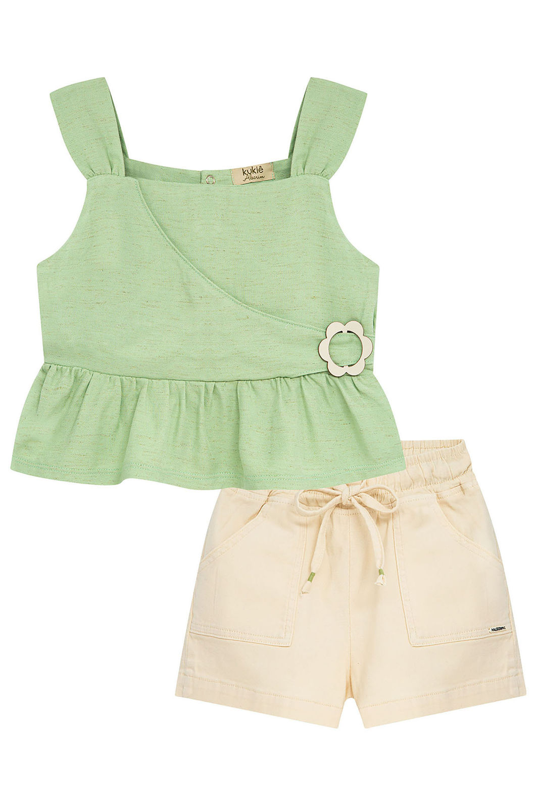 Conjunto de bata em tecido blend de linho e shorts em sarja com elastano. 95113 Kukiê Infantil Menina